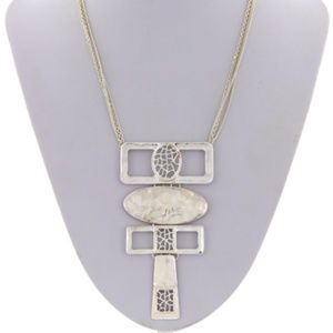 Silver tone geometric pendant bib style necklace